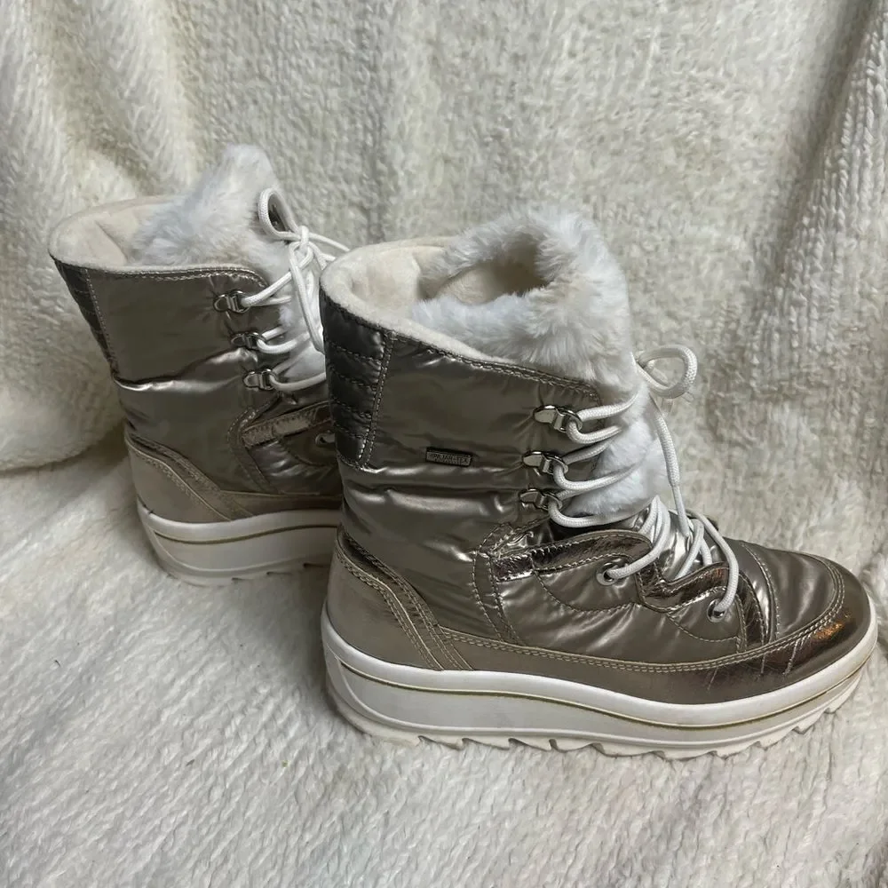 Pajar Women's. Synthetic Metallic gold lace up mid calf snow Boots SZ9.5